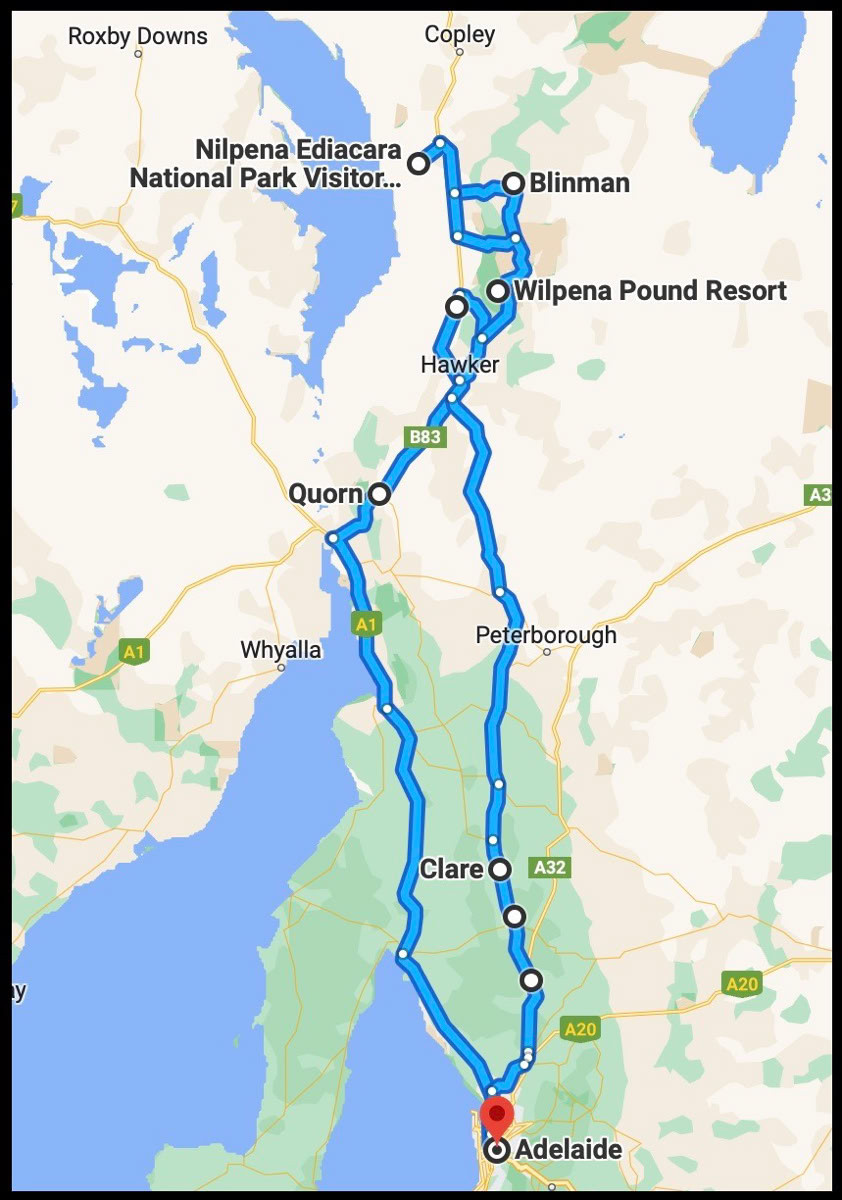 Flinders Ranges Tours from Adelaide map 3 day ediacaran fossil tour