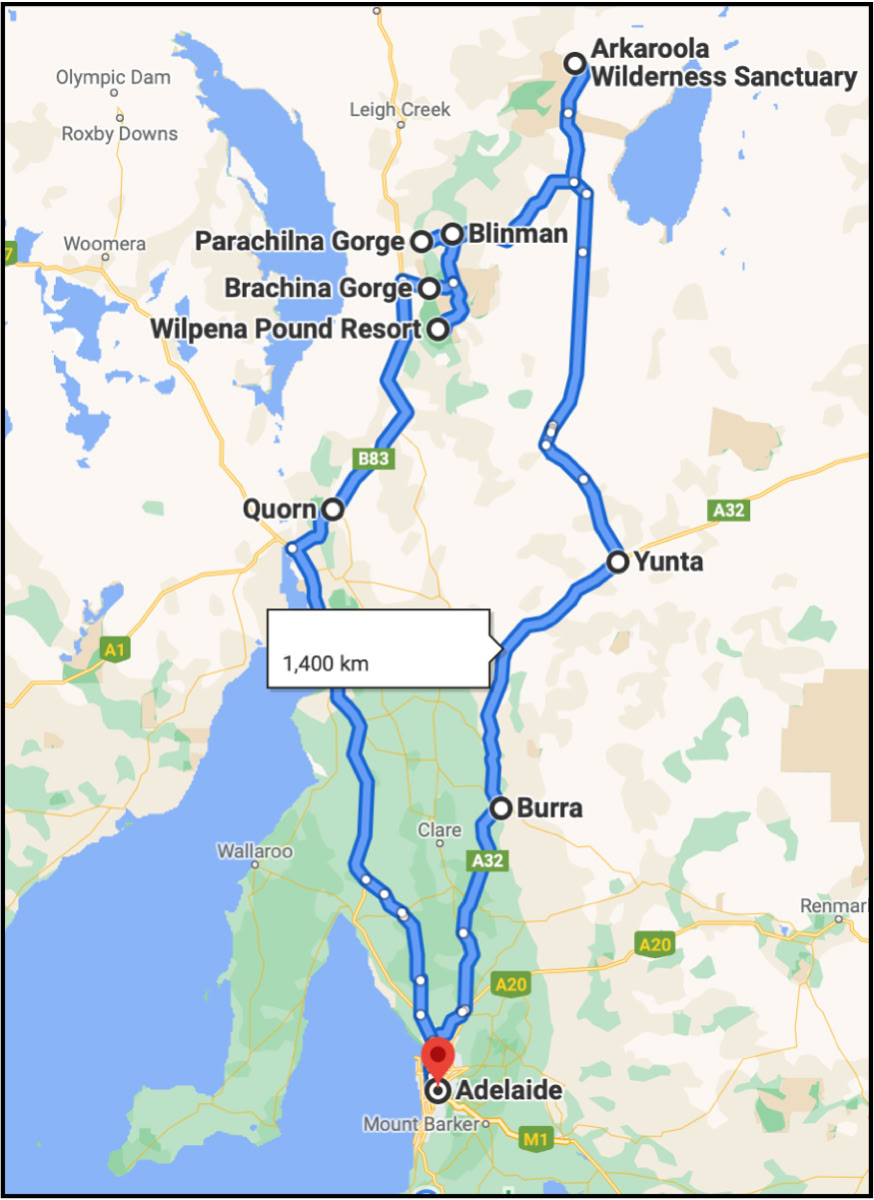 Flinders Ranges Tours from Adelaide map 5 day tour