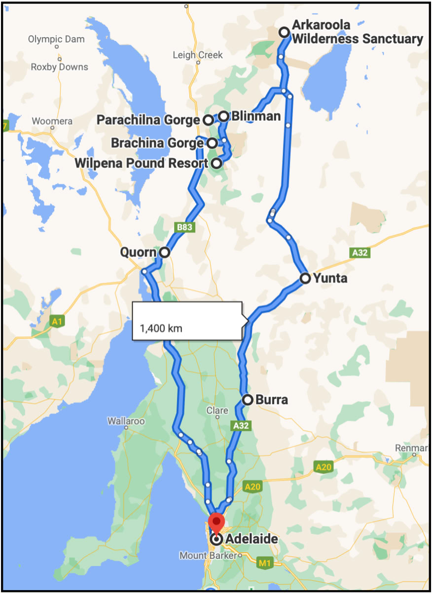 Flinders Ranges Tours from Adelaide map 5 day tour